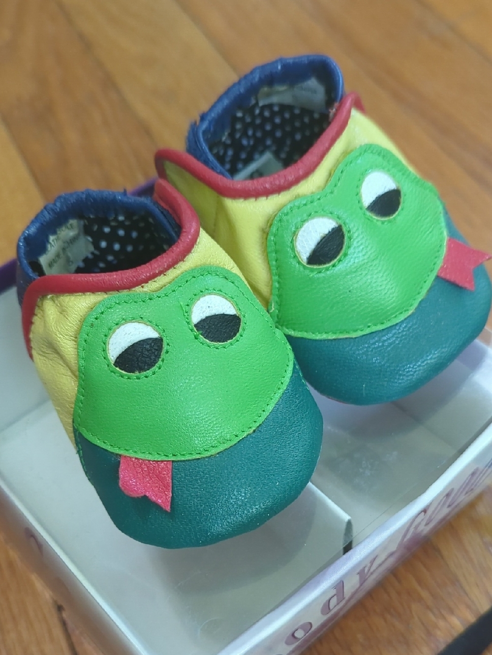 Goody Goody Baby Frog Slip-On Leather Shoes in Green, Teal & Yellow